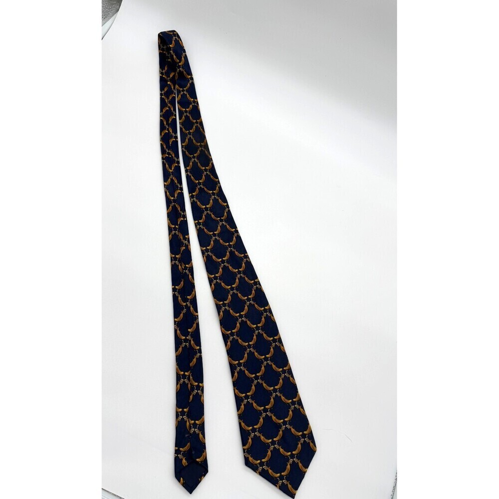 Vintage Lanvin Paris 100% Silk Blue Gold Bird Banana Print Men’s Tie Luxury - Picture 4 of 6